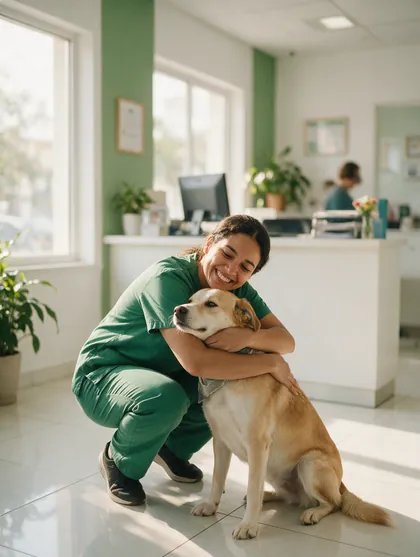Profissional da Clínica Bixo's ao lado de um cão feliz