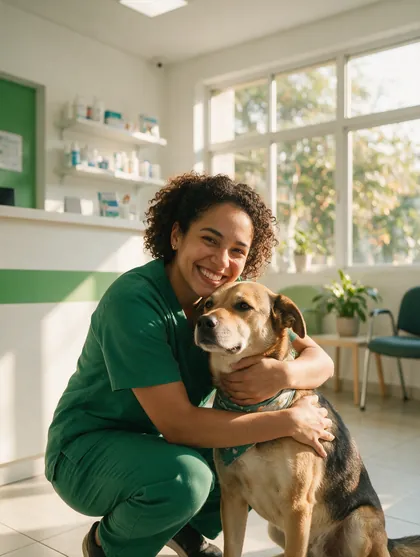 Profissional da Clínica Bixo's abraçando um cão na recepção