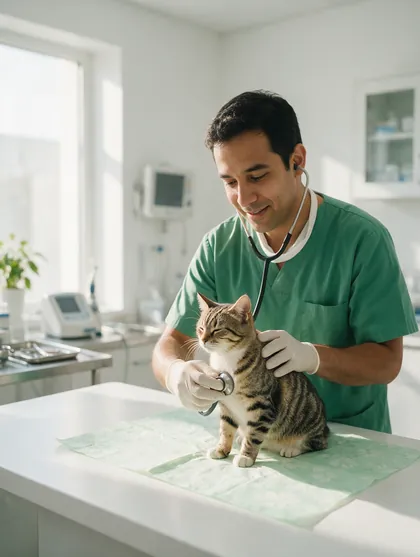 Veterinário da Clínica Bixo's examinando um gato com carinho