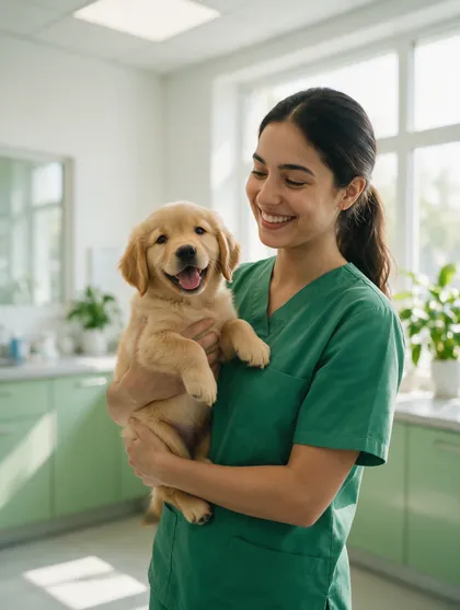 Veterinária da Clínica Bixo's com um filhote de golden retriever