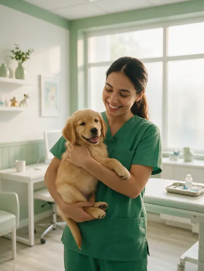 Veterinária da Clínica Bixo's sorrindo com um filhote de golden retriever no colo