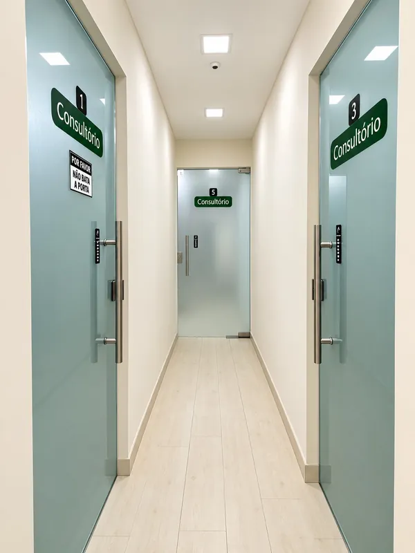 Corredor dos consultórios da Clínica Bixo's, com portas de vidro