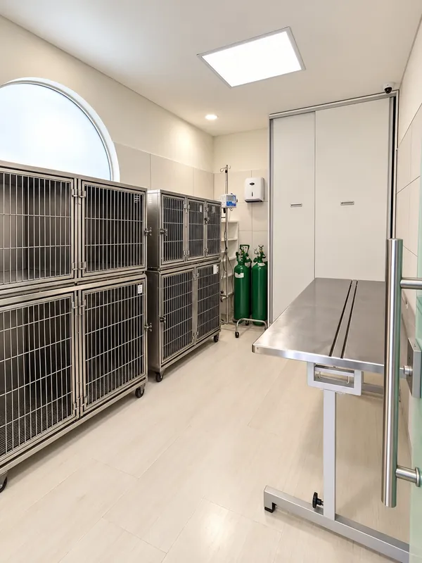 Internação da Clínica Bixo's com baias de inox e suporte de oxigênio