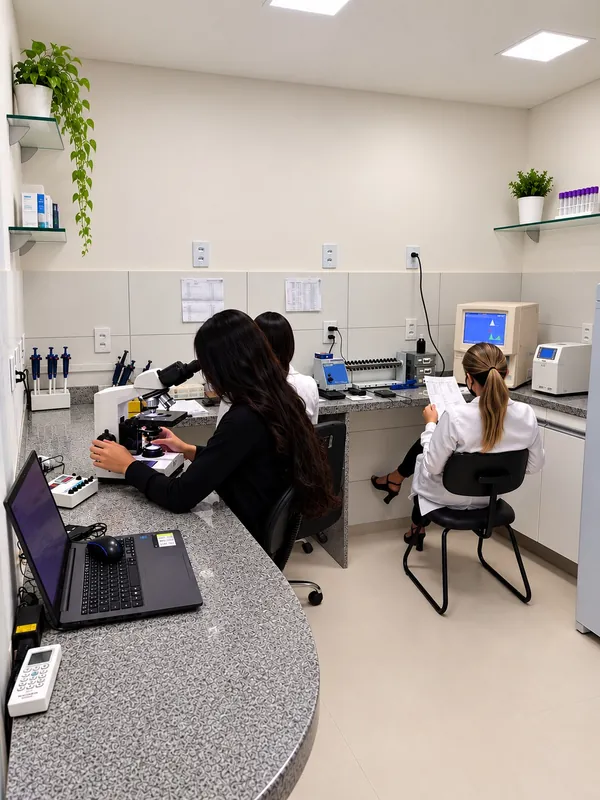 Laboratório próprio da Clínica Bixo's com a equipe realizando exames